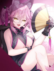 Rule 34 | 1girl, :d, absurdres, animal ear fluff, animal ears, bad id, bad pixiv id, black dress, black gloves, breasts, china dress, chinese clothes, clothing cutout, commentary, double bun, dress, fang, fate/grand order, fate (series), feet out of frame, folding fan, fox cutout, fox ears, fox girl, fox tail, gloves, hair between eyes, hair bun, hair ornament, hair up, hand fan, highres, holding, holding fan, indoors, kamomeriko, knee up, koyanskaya (chinese lostbelt outfit) (fate), koyanskaya (fate), large breasts, looking at viewer, open mouth, pink hair, side slit, sitting, sleeveless, sleeveless dress, slit pupils, smile, solo, sunlight, tail, tamamo (fate), tassel, underboob, underboob cutout, yellow eyes