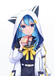 Rule 34 | 1girl, animal hood, apple juice, belt, black sailor collar, black shirt, blue eyes, blue hair, cat hood, choker, commentary request, drink, drinking, drinking straw, earrings, highres, holding, holding drink, hololive, hood, hood up, hooded jacket, hoshimachi suisei, hoshimachi suisei (school uniform), jacket, jewelry, juice, juice box, long hair, looking at viewer, meiruuuu., neckerchief, open clothes, open jacket, pocket, sailor collar, shirt, solo, star (symbol), star in eye, symbol in eye, virtual youtuber, white jacket, yellow neckerchief
