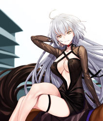 Rule 34 | 1girl, ahoge, black dress, breasts, center opening, cleavage, collarbone, dress, fate/grand order, fate (series), highres, jeanne d&#039;arc (fate), jeanne d&#039;arc alter (avenger) (fate), jeanne d&#039;arc alter (fate), large breasts, long hair, long sleeves, looking at viewer, matsuryuu, silver hair, sitting, smile, thighhighs, thighs, very long hair, yellow eyes