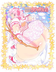 Rule 34 | 10s, 1girl, ass, blush, bow, bow (weapon), breasts, dress, fat, fat rolls, frilled dress, frills, gloves, hair bow, huge ass, kaname madoka, large breasts, long hair, magical girl, mahou shoujo madoka magica, mahou shoujo madoka magica (anime), obese, pink eyes, pink hair, pocharu, short twintails, smile, solo, thick thighs, thighs, twintails, weapon