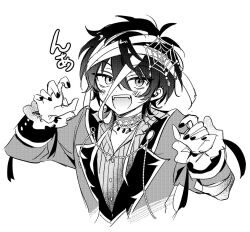 Rule 34 | 1boy, ahoge, akiyama enma, bandaged head, bandages, blush, claw pose, commentary request, cropped torso, ensemble stars!, fangs, heterochromia, highres, jacket, jewelry, kagehira mika, looking at viewer, male focus, monochrome, nail polish, necklace, open mouth, short hair, sketch, smile, solo, spider web hair ornament