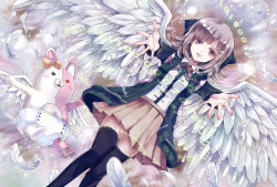 Rule 34 | 1girl, angel wings, binary, black sweater, black thighhighs, bow, brown eyes, brown hair, brown skirt, danganronpa (series), danganronpa 2: goodbye despair, ear bow, feathered wings, feathers, long hair, looking at viewer, miniskirt, monomi (danganronpa), nanami chiaki, neck ribbon, outstretched arms, parted lips, pleated skirt, red ribbon, ribbon, shirt, skirt, solo, sweater, thighhighs, white feathers, white shirt, white wings, wings, z-epto (chat-noir86), zettai ryouiki