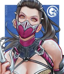 Rule 34 | 1girl, ai shou, artist name, black hair, blue background, border, breasts, cleavage, commentary, copyright notice, dagger, english commentary, eyeliner, highres, holding, holding dagger, holding knife, holding weapon, knife, looking at viewer, makeup, mask, medium breasts, mileena (mortal kombat), mortal kombat (series), mortal kombat 1 (2023), mouth mask, ninja, ninja mask, orange eyes, ponytail, sai (weapon), slit pupils, solo, upper body, weapon, white border