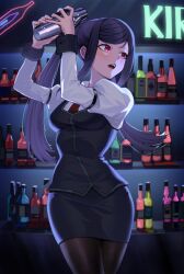 Rule 34 | 1girl, alcohol, bar (place), bartender, bottle, cocktail shaker, highres, holding, holding shaker, jill stingray, long hair, long sleeves, necktie, open mouth, pantyhose, pencil pusher, pencil skirt, purple hair, purple vest, red eyes, red necktie, shirt, sidelocks, skirt, solo, standing, swept bangs, twintails, va-11 hall-a, vest, white shirt