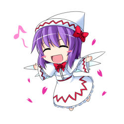 Rule 34 | 1girl, ^ ^, blush stickers, capelet, chibi, closed eyes, cosplay, dress, closed eyes, female focus, hat, ichimi, lily white, lily white (cosplay), musical note, nagae iku, open mouth, outstretched arms, petals, purple hair, short hair, smile, solo, touhou, white dress, wings