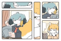 Rule 34 | 10s, 2girls, alternate costume, animal ears, arm support, bad id, bad pixiv id, black hair, blue eyes, book, closed mouth, comic, contemporary, curtains, fox ears, fur collar, grey hair, gunzan, hair between eyes, hand on own chin, head rest, highres, indoors, kemono friends, long sleeves, looking at another, low ponytail, medium hair, multicolored hair, multiple girls, necktie, orange hair, reading, red neckwear, sailor collar, shirt, shoebill (kemono friends), side ponytail, silent comic, smile, sweater, tibetan fox (kemono friends), two-tone hair, white hair, window, yellow eyes