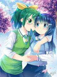 Rule 34 | 10s, 2girls, aoki reika, bad id, bad pixiv id, bespectacled, blue hair, blush, glasses, gleision adain, green hair, green necktie, green sweater vest, long hair, midorikawa nao, mouth hold, multiple girls, necktie, petals, ponytail, precure, signature, sleeves rolled up, smile precure!, sweater vest, yuri