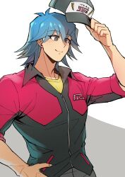Rule 34 | 1boy, absurdres, arm up, baseball cap, black hat, blue hair, bruno (yu-gi-oh!), grey eyes, grey pants, hand on own hip, hat, hat tip, highres, jacket, looking to the side, male focus, official alternate costume, pants, red jacket, shirt, short hair, simple background, sleeves rolled up, smile, solo, standing, two-tone background, v-neck, yellow shirt, youko-shima, yu-gi-oh!, yu-gi-oh! 5d&#039;s, zipper