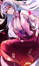 Rule 34 | 1girl, baggy pants, bow, closed mouth, collared shirt, commentary request, dated, expressionless, fujiwara no mokou, hair bow, hands in pockets, highres, kurozu piroo, long hair, long sleeves, looking at viewer, multiple bows, ofuda, ofuda on clothes, pants, puffy pants, puffy sleeves, red eyes, red pants, shirt, solo, suspenders, touhou, white background, white shirt, wing collar