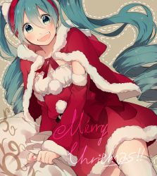 Rule 34 | 1girl, :d, blush, bow, breasts, brown background, capelet, christmas, detached sleeves, dotted line, dress, drill hair, english text, fur trim, green eyes, green hair, hair between eyes, hairband, hatsune miku, heart, heart-shaped pupils, highres, long hair, looking at viewer, matching hair/eyes, merry christmas, nail polish, open mouth, outline, pecchii, red bow, red dress, sack, small breasts, smile, solo, symbol-shaped pupils, thighhighs, twin drills, twintails, vocaloid, white thighhighs