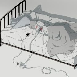 Rule 34 | 1boy, avogado6, bed, cable, cellphone, charging device, electric plug, electrical outlet, male focus, muted color, original, phone, pillow, sleeping, smartphone, tagme