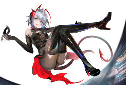 Rule 34 | 1girl, absurdres, antennae, arknights, belt, black belt, black footwear, black gloves, boots, breasts, commentary, elbow gloves, eugle na, gloves, grey pantyhose, head tilt, highres, holding, holding mask, horns, mask, official alternate costume, pantyhose, short hair, single bare shoulder, small breasts, solo, tail, thigh boots, w (arknights), w (wanted) (arknights), white background, yellow eyes