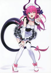 Rule 34 | 1girl, ;d, absurdres, alternate costume, asymmetrical horns, bent over, boots, bow, breasts, choker, cleavage, corset, curled horns, detached sleeves, dragon girl, dragon horns, dragon tail, dress, elizabeth bathory (fate), elizabeth bathory (fate/extra ccc), elizabeth bathory (second ascension) (fate), enmaided, fangs, fate/grand order, fate (series), frilled dress, frills, garter straps, grey background, hand on own knee, high heels, highres, horns, knees together feet apart, long hair, looking at viewer, maid, maid headdress, nail polish, one eye closed, open mouth, pink bow, pink hair, plaid, plaid skirt, pointy ears, scan, skirt, small breasts, smile, tail, tail bow, tail ornament, thigh boots, thighhighs, uneven horns, v, white sleeves, yd (orange maru)
