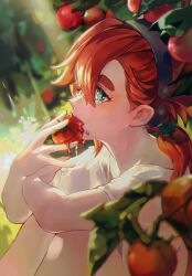 Rule 34 | 1girl, absurdres, crying, crying with eyes open, dotori (seulseul), eating, food, food in mouth, green eyes, gundam, gundam suisei no majo, hairband, highres, plant, red hair, shirt, solo, suletta mercury, tears, thick eyebrows, tomato, vines, white shirt