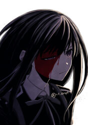 Rule 34 | 1girl, black hair, bleeding, blood, blood on face, closed mouth, collared shirt, commentary request, frown, grey ribbon, half-closed eye, inoue takina, long hair, lycoris recoil, lycoris uniform, neck ribbon, purple eyes, ribbon, rt enpt, shirt, simple background, solo, twitter username, upper body, white background, white shirt
