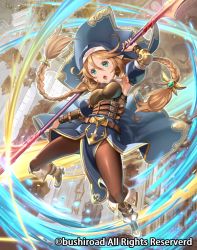Rule 34 | belt, blue cape, blue eyes, bracer, braid, breasts, cape, cardfight!! vanguard, detached sleeves, habit, hair between eyes, holding, holding polearm, holding weapon, i-la, indoors, jumping, long hair, looking at viewer, medium breasts, official art, pantyhose, pelvic curtain, pointy ears, polearm, solo, twin braids, weapon
