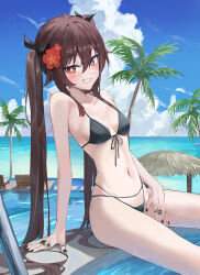 Rule 34 | 1girl, bikini, black bikini, black nails, blue sky, blush, breasts, brown hair, cloud, dawon, day, flower, flower-shaped pupils, genshin impact, grin, hair flower, hair ornament, highres, hu tao (genshin impact), jewelry, long hair, multiple rings, navel, ocean, outdoors, palm tree, plum blossoms, red eyes, red flower, ring, sitting, sky, small breasts, smile, solo, stomach, swimsuit, symbol-shaped pupils, thighs, tree, very long hair