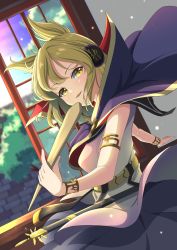 Rule 34 | 1girl, amanoyayuki, armlet, belt, black sailor collar, blonde hair, blurry, blurry background, blush, breasts, bush, cape, cloud, commentary request, dress, earmuffs, gold belt, gold bracelet, gold trim, highres, holding, large breasts, light particles, looking at viewer, open mouth, pointy hair, purple cape, purple skirt, ritual baton, sailor collar, sheath, short hair, sidelocks, skirt, sleeveless, sleeveless dress, solo, standing, sword, touhou, toyosatomimi no miko, tree, two-sided cape, two-sided fabric, upper body, wall, weapon, window