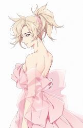 Rule 34 | 1girl, absurdres, alternate costume, bare shoulders, blonde hair, breasts, dress, earrings, frilled dress, frills, from side, highres, jewelry, large breasts, looking at viewer, looking to the side, maro (lij512), mercy (overwatch), overwatch, parted lips, pink dress, ponytail, short ponytail, simple background, solo, strapless, strapless dress, white background