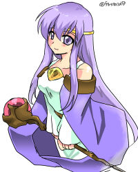 Rule 34 | 1girl, cape, circlet, commentary request, dress, fire emblem, fire emblem: genealogy of the holy war, holding, holding staff, julia (fire emblem), long hair, nintendo, purple cape, purple eyes, purple hair, simple background, smile, solo, staff, yukia (firstaid0)