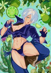 Rule 34 | 1girl, abs, absurdres, angel (kof), backless pants, blue eyes, boots, bra, breasts, chaps, cleavage, cowboy boots, crop top, cropped jacket, dark-skinned female, dark skin, fingerless gloves, gloves, hackeo soda, hair over one eye, highres, jacket, large breasts, leather, leather jacket, looking at viewer, midriff, navel, panties, pants, short hair, smile, snk, solo, strapless, strapless bra, tan, the king of fighters, the king of fighters xiv, toned, underwear, white hair