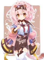 Rule 34 | 1girl, animal ears, arknights, black collar, black hairband, black jacket, black skirt, blue jacket, blush, border, braid, brown background, cat ears, cat girl, cat tail, collar, feet out of frame, floppy ears, garter straps, goldenglow (arknights), hair ornament, hairband, hairclip, high-waist skirt, highres, id card, jacket, lanyard, lightning bolt print, long sleeves, looking at viewer, messy hair, mgmg cc211, multicolored clothes, multicolored jacket, open clothes, open jacket, outside border, pink hair, pink jacket, pouch, print hairband, scissors, shirt, shirt tucked in, simple background, skirt, solo, tail, tearing up, thighhighs, white border, white shirt, white thighhighs, yellow eyes, zettai ryouiki