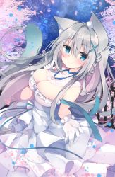 Rule 34 | 1girl, animal ear fluff, animal ears, aqua eyes, aqua ribbon, bad id, bad twitter id, bare shoulders, blush, bow, braid, breasts, cat ears, cat girl, cat tail, cherry blossoms, cleavage, closed mouth, commentary request, dress, floating hair, frilled dress, frilled gloves, frilled skirt, frills, gloves, hair between eyes, hair ornament, hair ribbon, heart, heart necklace, highres, jewelry, lace, lace-trimmed legwear, lace trim, large breasts, layered skirt, long hair, looking at viewer, neck ribbon, necklace, night, original, outdoors, reaching, reaching towards viewer, ribbon, satsuki mayuri, sidelocks, silver hair, single braid, skirt, sky, sleeveless, sleeveless dress, solo, star (sky), starry sky, tail, thighhighs, very long hair, wavy hair, white dress, x hair ornament