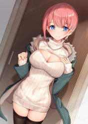 Rule 34 | 1girl, bison cangshu, black thighhighs, blue eyes, breasts, cleavage, commentary request, cowboy shot, door, dress, dutch angle, fur trim, go-toubun no hanayome, highres, jacket, large breasts, looking at viewer, meme attire, nakano ichika, open-chest sweater, open clothes, open jacket, pink hair, ribbed sweater, short hair, smile, solo, standing, sweater, sweater dress, thighhighs, turtleneck, turtleneck sweater, white sweater, zettai ryouiki