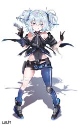 Rule 34 | 1girl, :q, absurdres, asymmetrical legwear, bad id, bad pixiv id, bare shoulders, black capelet, black gloves, black jacket, black leotard, black skirt, blue eyes, blue pantyhose, blue socks, blush, capelet, covered navel, cropped jacket, finger gun, french flag, full body, girls&#039; frontline, gloves, gun, hair between eyes, hands up, highres, holding, holding gun, holding weapon, holster, jacket, knee pads, kneehighs, leotard, looking at viewer, mab pa-15, medium hair, miniskirt, off shoulder, pa-15 (girls&#039; frontline), pantyhose, shadow, signature, silver hair, simple background, skirt, socks, solo, spread legs, standing, thighhighs, tongue, tongue out, twintails, two side up, uneven legwear, urim (paintur), weapon, white background