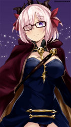 Rule 34 | 1girl, bad id, bad pixiv id, between breasts, black-framed eyewear, blue dress, breasts, cape, cleavage, closed mouth, commentary request, cosplay, detached collar, dress, ereshkigal (fate), ereshkigal (fate) (cosplay), fate/grand order, fate (series), glasses, hair between eyes, hair over one eye, hair ribbon, jewelry, large breasts, long sleeves, looking at viewer, mash kyrielight, necklace, pink hair, purple cape, purple eyes, red ribbon, ribbon, skull, smile, solo, spine, tasora, tiara, tohsaka rin, two side up