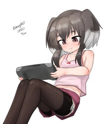 Rule 34 | 1girl, absurdres, alternate costume, black hair, black pantyhose, brown eyes, camisole, dated, feet out of frame, handheld game console, highres, holding, holding handheld game console, kantai collection, lowleg, lowleg pantyhose, maru (marg0613), pantyhose, pink camisole, purple shorts, short hair, short hair with long locks, shorts, sidelocks, solo, steam deck, thick eyebrows, tokitsukaze (kancolle), twintails, twitter username