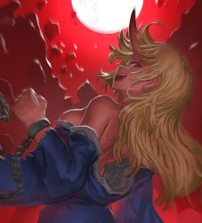 Rule 34 | 1girl, bare shoulders, blonde hair, blue kimono, breasts, chain, cuffs, hakonnbo, horns, hoshiguma yuugi, hoshiguma yuugi (kimono), japanese clothes, kimono, large breasts, long hair, looking at viewer, looking back, off shoulder, official alternate costume, open mouth, pointy ears, red background, red eyes, red horns, single horn, smile, solo, star (symbol), touhou
