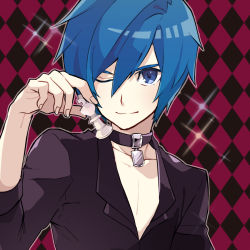 Rule 34 | 1boy, alternate costume, argyle, argyle background, argyle clothes, blue eyes, blue hair, chess piece, choker, closed mouth, collarbone, hair between eyes, kaito (vocaloid), looking at viewer, male focus, mysterious butterfly (module), one eye closed, outline, patterned background, pectoral cleavage, pectorals, project diva (series), project diva x, smile, solo, sparkle, upper body, vocaloid, yoshiki