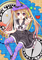 Rule 34 | 10s, 1girl, :d, ankle ribbon, arrow (symbol), blonde hair, blush, bow, buttons, collarbone, compass, fingernails, frills, gradient hair, grid, hat, hat bow, holding, ikeda yuuki, kantai collection, lace, lace-trimmed skirt, lace trim, leg ribbon, long fingernails, long hair, looking at viewer, low twintails, majokko (kancolle), map, md5 mismatch, multicolored hair, open mouth, outstretched arm, pantyhose, patterned legwear, personification, pleated skirt, print pantyhose, purple pantyhose, rashinban musume, red eyes, ribbon, school uniform, scrunchie, serafuku, shirt, shoes, short sleeves, sitting, skirt, smile, solo, star (symbol), star print, twintails, very long hair, witch hat