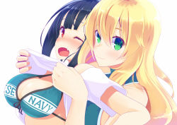Rule 34 | 2girls, atago (kancolle), black hair, blonde hair, blush, breasts, cleavage, closed mouth, commentary request, fang, green eyes, hair between eyes, highres, hujikok, kantai collection, lifting another&#039;s clothes, long hair, looking at another, looking at viewer, medium breasts, multiple girls, nose blush, open mouth, red eyes, short sleeves, simple background, smile, swimsuit, takao (kancolle), upper body, white background