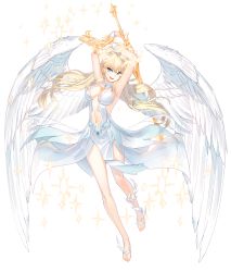 Rule 34 | 1girl, absurdres, angel, blonde hair, blue eyes, closers, colored skin, feet, full body, highres, long hair, navel, official art, solo, toes, transparent background, weapon, white skin, white wings, wings, yuri seo