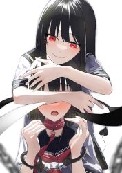 Rule 34 | 2girls, absurdres, arisugawa bii, black hair, black sailor collar, blush, closed mouth, collar, commentary, covering another&#039;s eyes, demon tail, film grain, hair between eyes, hands up, heart, heart-shaped pupils, highres, leash, long hair, looking at viewer, mismatched pupils, multiple girls, neckerchief, nose blush, open mouth, original, red collar, red eyes, red neckerchief, sailor collar, school uniform, serafuku, shirt, short sleeves, sidelocks, simple background, smile, symbol-shaped pupils, tail, upper body, white background, white serafuku, white shirt, yuri