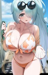 Rule 34 | 1girl, absurdres, aqua hair, bare shoulders, beach, bikini, blue archive, bracelet, breasts, cleavage, collarbone, eyewear on head, front-tie bikini top, front-tie top, hair ornament, hair over one eye, hairclip, highres, hiyori (blue archive), hiyori (swimsuit) (blue archive), jewelry, large breasts, long hair, looking at viewer, navel, nicorima, official alternate costume, outdoors, round eyewear, seashell, shell, smile, solo, standing, sunglasses, swimsuit, thighs, very long hair, wet