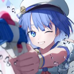 Rule 34 | 1girl, absurdres, aiming, aiming at viewer, blue background, blue eyes, blue hair, blurry, blurry foreground, bob cut, clothing cutout, commentary request, grin, gun, hat, highres, holding, holding gun, holding weapon, kiritani haruka, mishio (misio 40), one eye closed, project sekai, shirt, short hair, short sleeves, shoulder cutout, simple background, smile, solo, string of flags, water drop, water gun, weapon, white hat, white shirt