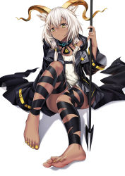 Rule 34 | 1girl, absurdres, animal ears, arknights, bare legs, barefoot, beeswax (arknights), black ribbon, commentary request, dress, feet, goat ears, goat girl, goat horns, highres, holding, holding staff, horns, leg ribbon, nail, nail polish, off-shoulder dress, off shoulder, ribbon, short hair, silver hair, simple background, soles, staff, thigh ribbon, toes, white background, white dress, xo (xo17800108), yellow nails