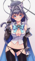 Rule 34 | 1girl, absurdres, animal ears, black gloves, black panties, black thighhighs, blue cape, blue eyes, blue hair, blush, bow, bow earrings, bowtie, breasts, cape, cat ears, cat tail, chain, chain headband, cleavage cutout, clock hands, closed mouth, clothing cutout, cowboy shot, detached sleeves, earrings, gloves, hair intakes, halo, head chain, highres, hololive, hololive english, jewelry, large breasts, looking at viewer, mechanical halo, no pants, ouro kronii, panties, paw pose, shironekokfp, skirt, solo, tail, thighhighs, underwear, veil, virtual youtuber