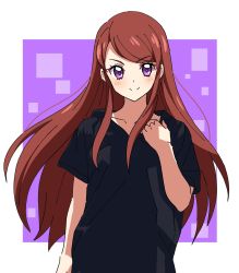 Rule 34 | 1girl, black shirt, brown hair, character request, closed mouth, collarbone, highres, kousuke0912, long hair, looking at viewer, purple eyes, shirt, short sleeves, sketch, smile, solo, split mouth, standing, straight hair, swept bangs, upper body, very long hair