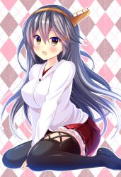 Rule 34 | 10s, 1girl, adapted costume, argyle, argyle background, argyle clothes, between legs, black footwear, black hair, black thighhighs, blush, boots, breasts, brown eyes, cardigan, hair ornament, hairband, hairclip, haruna (kancolle), headgear, kantai collection, large breasts, long hair, long sleeves, open mouth, red skirt, sitting, skirt, solo, thigh boots, thighhighs, wariza, yuzukaze rio, zettai ryouiki
