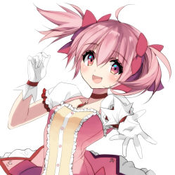 Rule 34 | 1girl, :d, absurdres, bad id, bad pixiv id, blush, breasts, choker, collarbone, eyelashes, floating hair, frilled sleeves, frills, gloves, hair between eyes, hair ribbon, hand up, happy, highres, kaname madoka, kaname madoka (magical girl), looking away, mahou shoujo madoka magica, mahou shoujo madoka magica (anime), misteor, open mouth, outstretched hand, pink eyes, pink hair, pink ribbon, pink theme, puffy short sleeves, puffy sleeves, reaching, reaching towards viewer, red choker, red neckwear, ribbon, shiny skin, short sleeves, short twintails, sidelocks, simple background, small breasts, smile, solo, soul gem, twintails, upper body, white background, white gloves