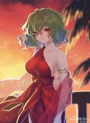 Rule 34 | 1girl, alternate costume, armlet, bare arms, bare shoulders, breasts, closed mouth, collarbone, commission, commissioner upload, cowboy shot, dress, green hair, hair between eyes, hand on railing, highres, kazami yuuka, large breasts, light particles, looking at viewer, matsuda toki, medium hair, outdoors, palm tree, railing, red dress, red eyes, sash, shawl, single-shoulder dress, single strap, skeb commission, smile, solo, standing, strapless, sunset, touhou, tree, upper body, wavy hair
