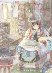 Rule 34 | 1girl, absurdres, animal skull, black eyes, book, bookshelf, braid, brown hair, cabinet, cat, cauldron, crystal, fujitoma, gem, highres, holding, holding quill, horns, ink, jar, loaded interior, original, painting (medium), painting (object), plant, potion, quill, rock, short hair, sitting, spine, stool, suitcase, table, tassel, traditional clothes, traditional media, watercolor (medium), window