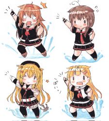 Rule 34 | &gt; o, 4girls, ahoge, anchor, asymmetrical clothes, black gloves, black serafuku, black skirt, black socks, black thighhighs, blonde hair, blush, blush stickers, braid, brown hair, chibi, corrupted twitter file, cosplay, fingerless gloves, flying sweatdrops, gloves, hair flaps, hair ornament, hair ribbon, hairclip, highres, kantai collection, kneehighs, long hair, multiple girls, murasame (kancolle), murasame (kancolle) (cosplay), murasame kai ni (kancolle), neckerchief, one eye closed, open mouth, pleated skirt, poipoi purin, red neckerchief, ribbon, sailor collar, saturday night fever, scarf, school uniform, serafuku, shigure (kancolle), shigure kai ni (kancolle), shiratsuyu (kancolle), shiratsuyu kai ni (kancolle), short sleeves, simple background, single braid, single leg pantyhose, single thighhigh, skirt, smile, socks, star (symbol), thighhighs, water, white background, white gloves, white sailor collar, white scarf, yuudachi (kancolle), yuudachi kai ni (kancolle)