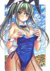 Rule 34 | 1girl, animal ears, black hairband, blue leotard, blue neckwear, blush, breasts, cleavage, closed mouth, collarbone, covering nipples, covering privates, cowboy shot, day, detached collar, fake animal ears, fake tail, fishnet pantyhose, fishnets, floating hair, garter straps, green eyes, green hair, hair between eyes, hair ribbon, hairband, highleg, highleg leotard, highres, kantai collection, leotard, long hair, looking at viewer, marker (medium), medium breasts, outdoors, pantyhose, playboy bunny, rabbit ears, rabbit tail, ribbon, smile, solo, standing, striped clothes, striped leotard, tail, tomoeri, traditional media, twintails, very long hair, white ribbon, wing collar, wrist cuffs, zuikaku (kancolle)