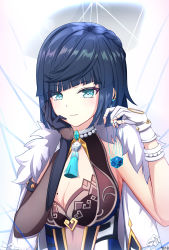 Rule 34 | 1girl, absurdres, artist name, asymmetrical gloves, blue gloves, blue hair, bob cut, bracelet, braid, breasts, choker, cleavage, commentary, diagonal bangs, dice, earrings, elbow gloves, fur-trimmed jacket, fur trim, genshin impact, gloves, green eyes, hand on own face, highres, jacket, jacket on shoulders, jewelry, large breasts, looking at viewer, mole, mole on breast, short hair, solo, tassel, upper body, white background, white gloves, white jacket, yelan (genshin impact), yeni1871