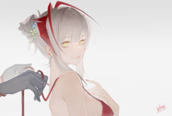 Rule 34 | 1girl, 1other, absurdres, alternate costume, alternate hairstyle, antennae, arknights, bare shoulders, breasts, chongyou pomelo, gradient background, grey background, grin, highres, horns, large breasts, long hair, looking at viewer, nail polish, red nails, sidelocks, silver hair, smile, solo focus, upper body, w (arknights), yellow eyes